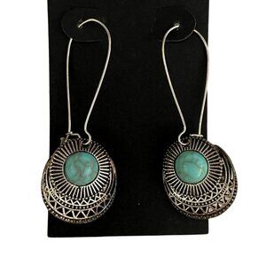 Boho Chic Silvertone and Faux Turquoise Dangle Earrings with French Wires